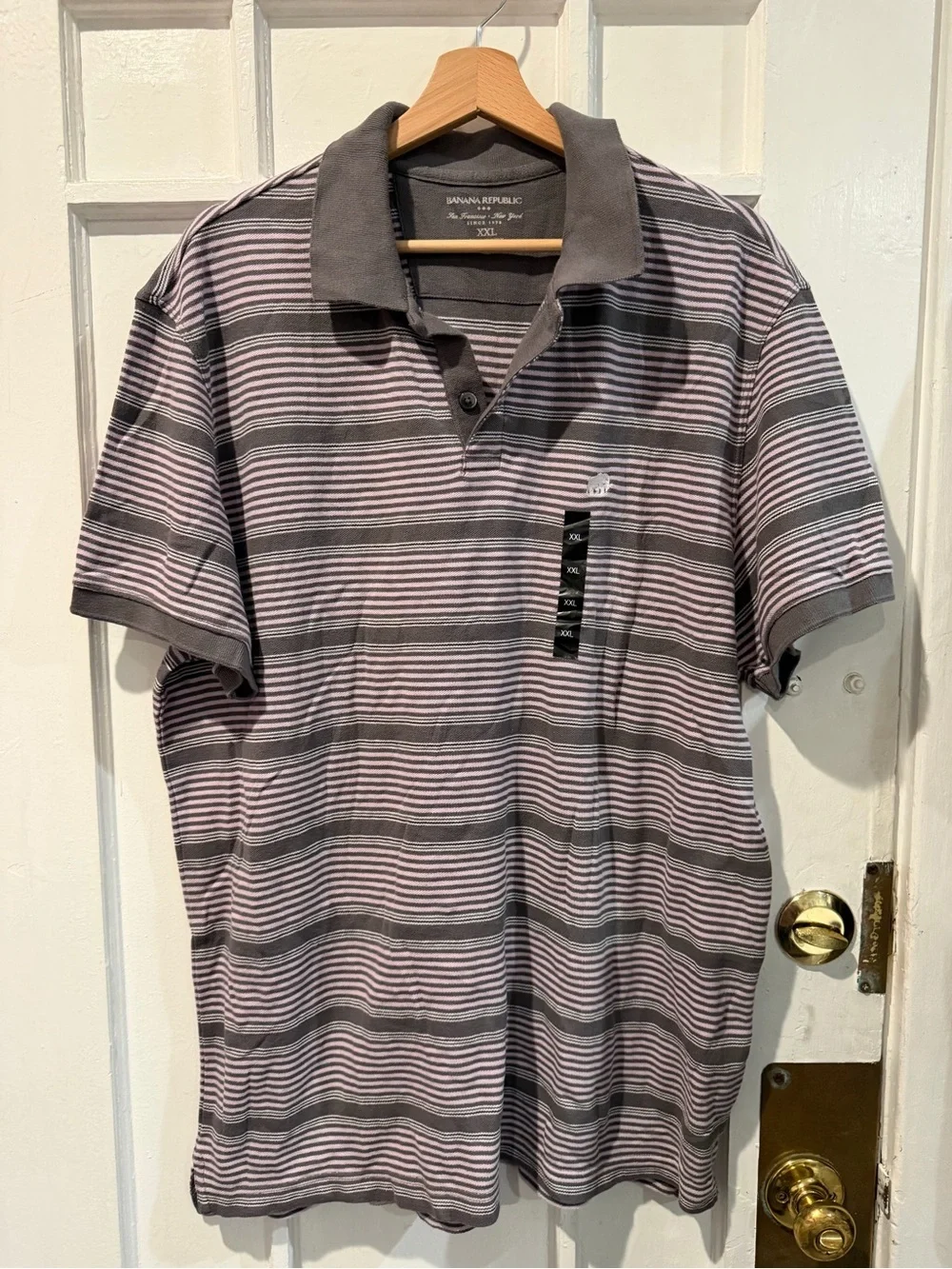 Banana Republic Men's Gray and Pink Striped Polo
